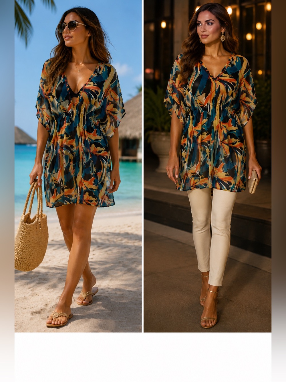 Jessica kimono Kaftan dress beach coverup chiffon short sleeve tropical sequin🔥